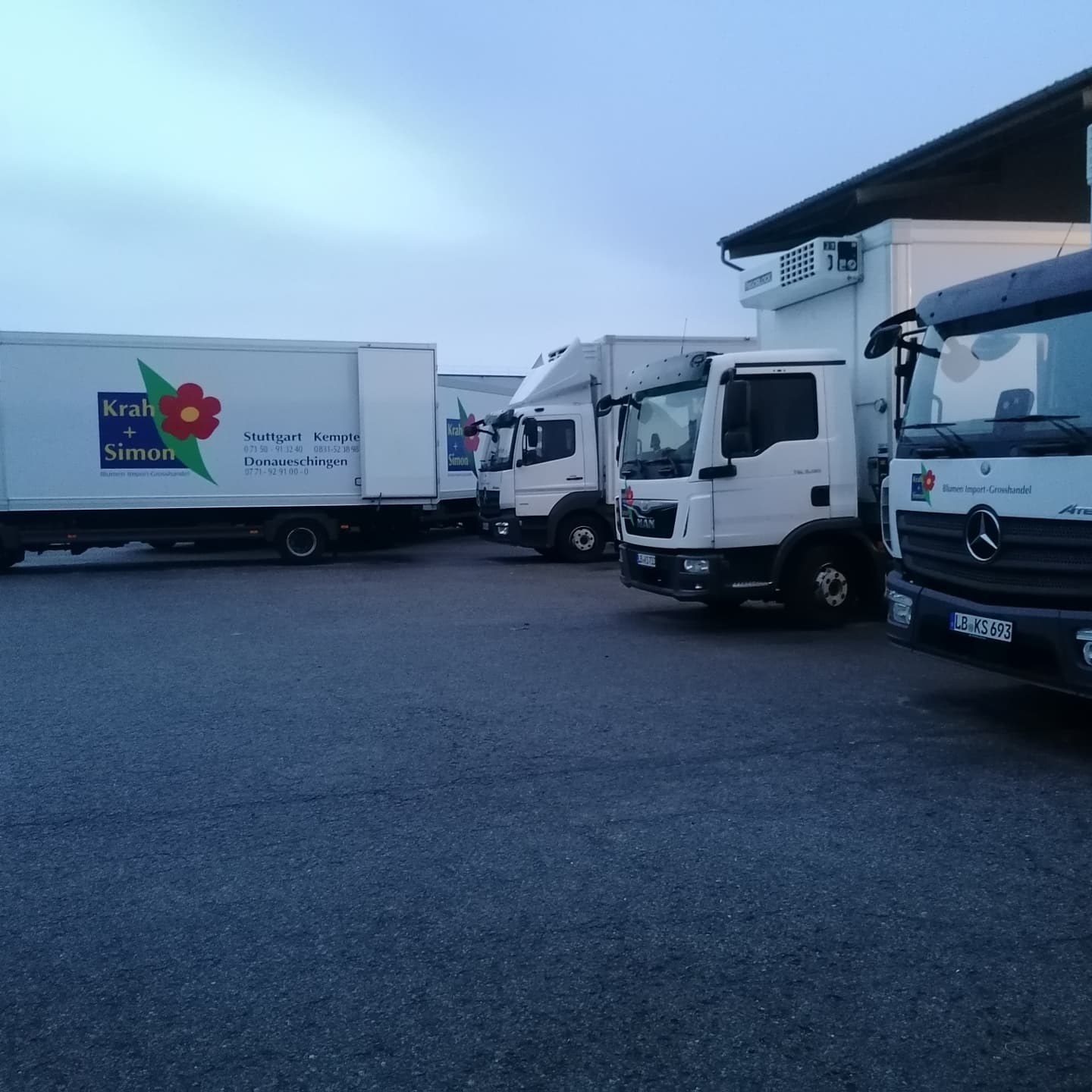 Mehrere Kühl-Lkw von Krah+Simon mit Firmenlogo und den Standorten Stuttgart, Kempten und Donaueschingen, morgens abfahrbereit auf dem Hof